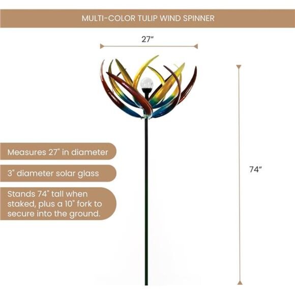 Bits and Pieces - 74" Multi-Color Tulip Wind Spinner - Yard Decorations - Solar - Picture 2 of 7